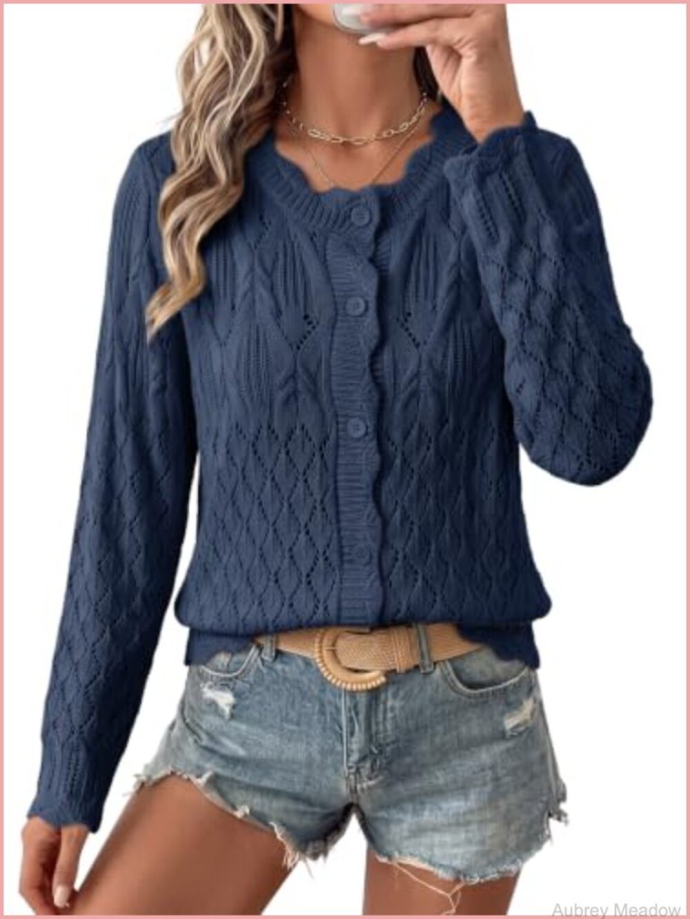 Hollow Out Knit Cardigan Button Down Ruffle Hem Long Sleeve Sweater